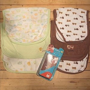 Two sets of burp cloths and cabinet latches